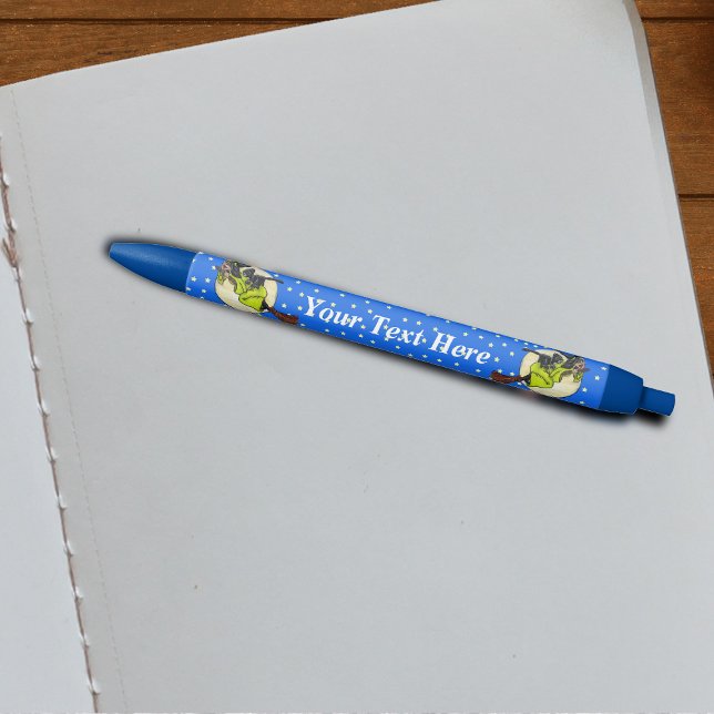 Funny Flying Witch Black Cat Moon Stars Halloween Black Ink Pen (Witch green dress black cat back flying on broom past moon stars on blue writing pen for Halloween.)