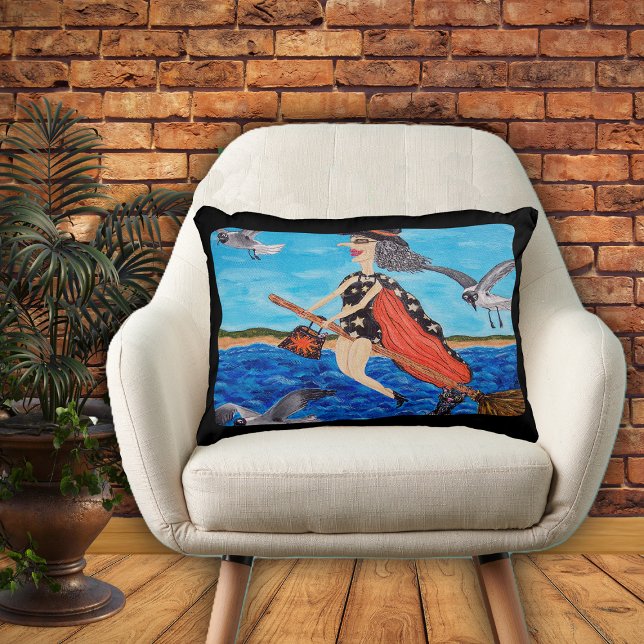 Funny Flying Witch Broom Cat Seagulls Beach Decorative Cushion (Funny Witch in bathing suit flying on broom to beach seagulls on home decor decorative pillow.)