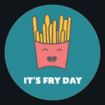 Funny Food French Fries Humour It's Fry Day Classic Round Sticker<br><div class="desc">It's Fry Day. My Favourite Day of The Week After Saturday. Funny and humourous design for french fries and fast food lover. This cool and fun merchandise is great for those who love to party on Friday night. Perfect to wear when leaving the office on Friday. Great Christmas gift and...</div>