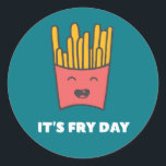 Funny Food French Fries Humour It's Fry Day Classic Round Sticker<br><div class="desc">It's Fry Day. My Favourite Day of The Week After Saturday. Funny and humourous design for french fries and fast food lover. This cool and fun merchandise is great for those who love to party on Friday night. Perfect to wear when leaving the office on Friday. Great Christmas gift and...</div>