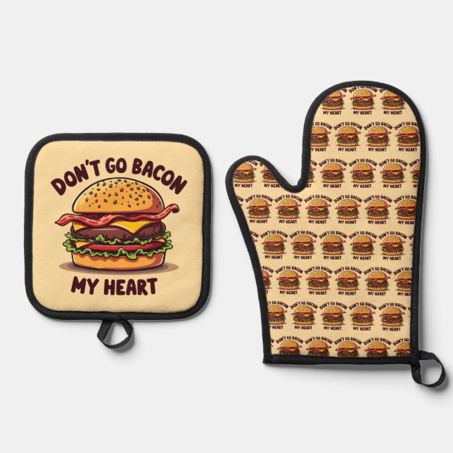 Funny Food Pun Bacon Lover Cheeseburger Design Oven Mitt & Pot Holder Set (Front)