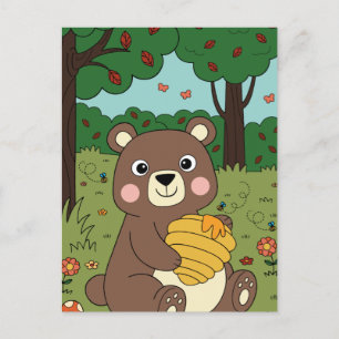 Funny Forest Baby Bear with Honey Jar Holiday Postcard