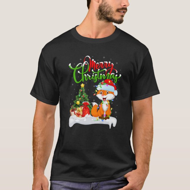 Funny Fox Animal Lover Xmas Lighting Fox Christmas T-Shirt (Front)