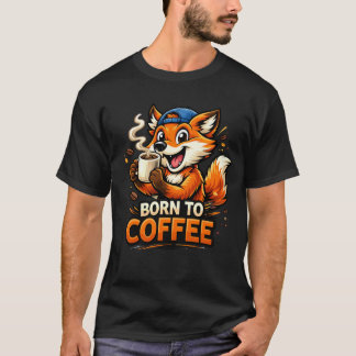 Funny Fox Drinking Coffee Cartoon Design T-Shirt