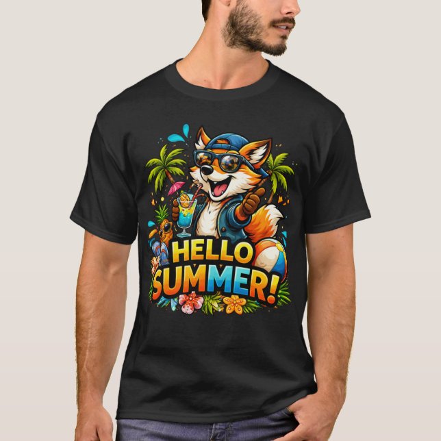 Funny Fox Hello Summer Cartoon Design T-Shirt (Front)