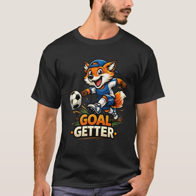 Funny Fox Playing Soccer Cartoon Design T-Shirt (Front)