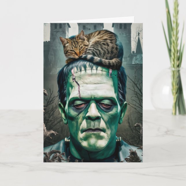 Funny Frankenstein Cat Nap Greeting Card (Front)