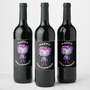 Funny Frankenstein Monster Happy Halloween Wine Label