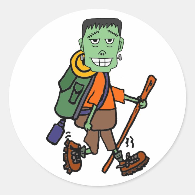 Funny Frankenstein Monster Hiking Cartoon Classic Round Sticker (Front)