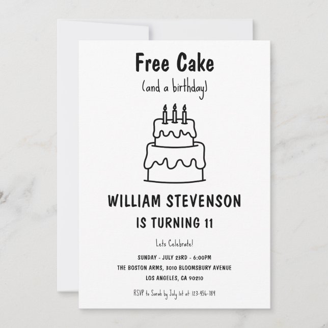 Funny Free Cake Joke Simple Quirky 11th Birthday Invitation (Front)