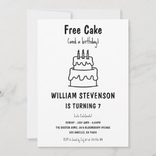 Funny Free Cake Joke Simple Quirky 7th Birthday Invitation