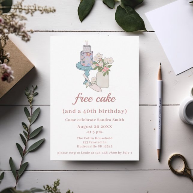 Funny Free Cake Womens 40th Birthday Invitation (Creator Uploaded)