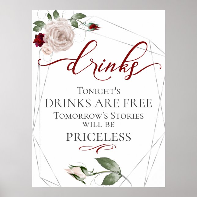 Funny Free Drinks Bar Menu Sign Blush Rose (Front)