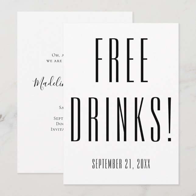Funny Free Drinks Black White Wedding  Save The Date (Front/Back)