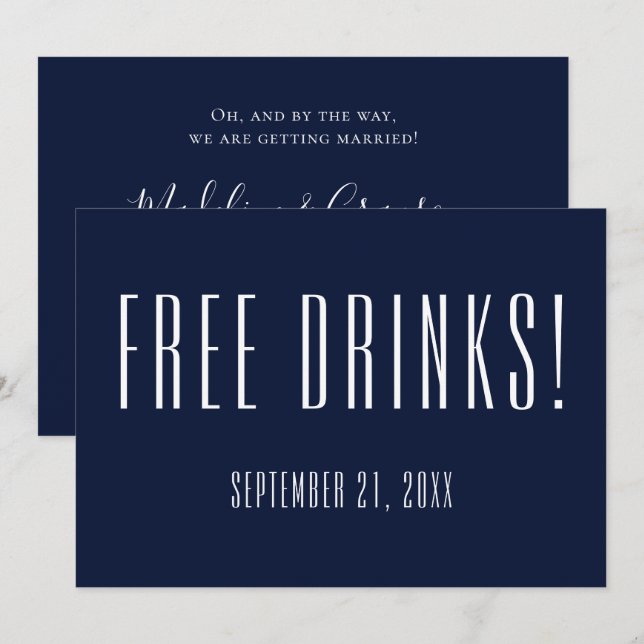 Funny Free Drinks Navy Blue Wedding Save The Date (Front/Back)