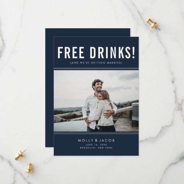 Funny Free Drinks Photo Navy Wedding Save the Date (Front/Back In Situ)