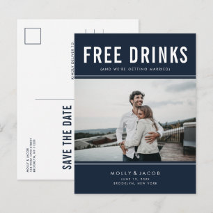 Funny Free Drinks Photo Navy Wedding Save the Date Announcement Postcard