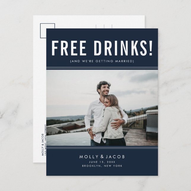 Funny Free Drinks Photo Navy Wedding Save the Date Announcement Postcard (Front/Back)