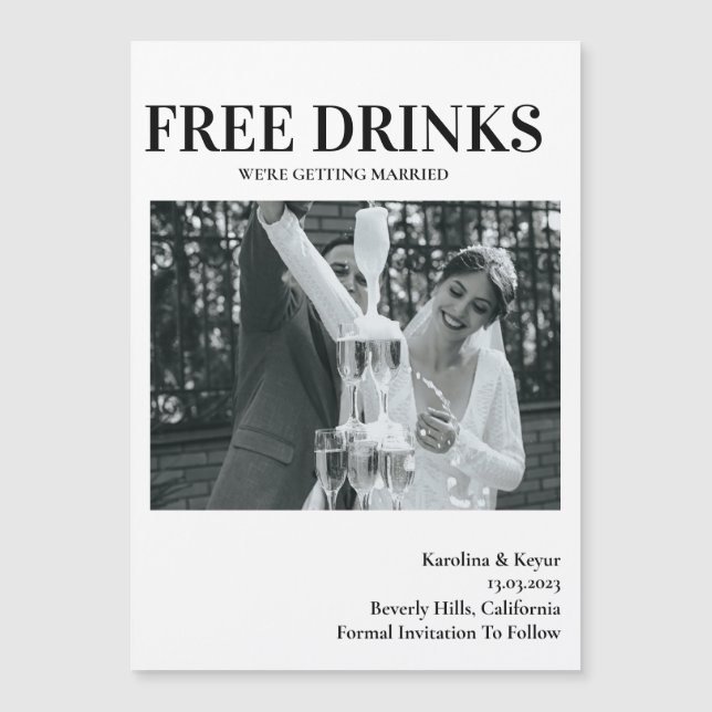 Funny Free Drinks Photo Wedding Magnetic Invitation (Front)