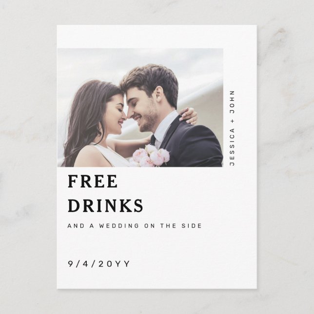 Funny Free Drinks Photo Wedding Save the Date Postcard (Front)