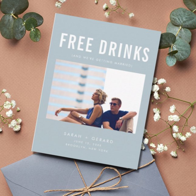 Funny Free Drinks Wedding Blue Save the Dates Announcement Postcard (Creator Uploaded)