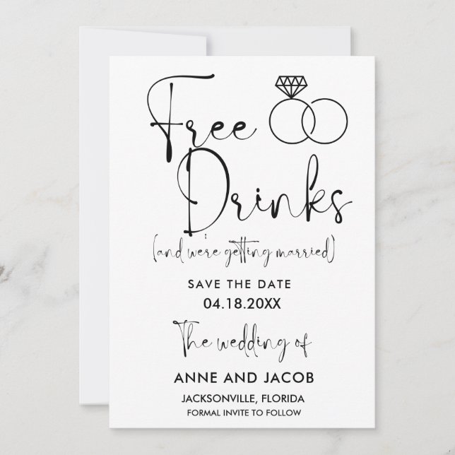 Funny Free Drinks Wedding Save the Date (Front)
