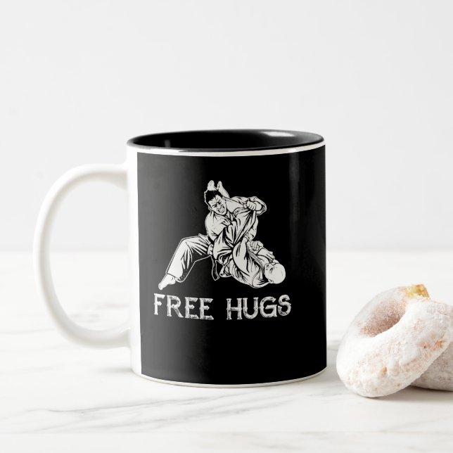 Funny Free Hugs Brazilian Jiu-Jitsu MMA BJJ Two-Tone Coffee Mug (With Donut)
