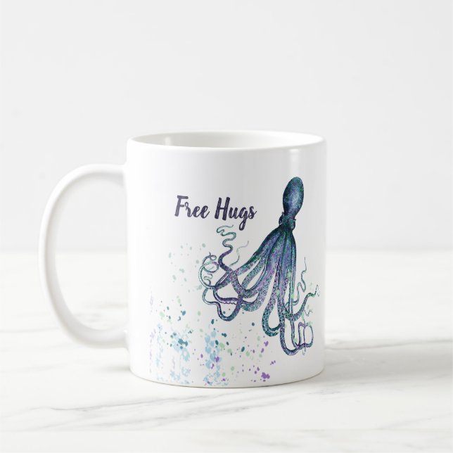 Funny Free Hugs with Octopus Art Coffee Mug (Left)