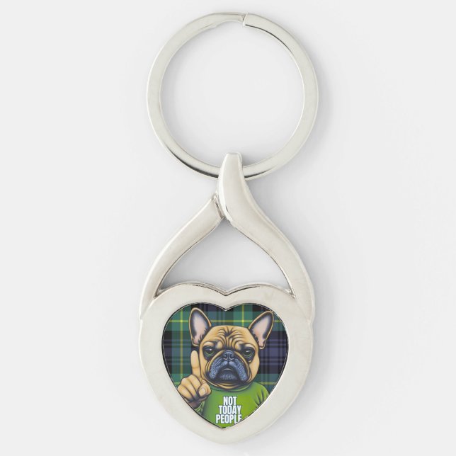 Funny French Bull Dog Plaid Key Ring (Front)