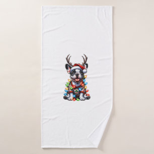 Funny French Bulldog Christmas Light Santa Hat Rei Bath Towel