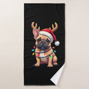 Funny French Bulldog Christmas Light Santa Hat Rei Bath Towel