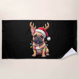 Funny French Bulldog Christmas Light Santa Hat Rei Beach Towel