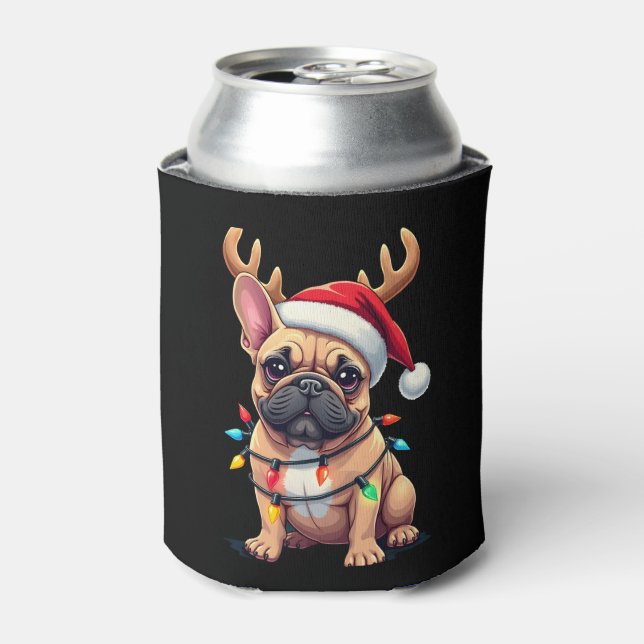 Funny French Bulldog Christmas Light Santa Hat Rei Can Cooler (Can Front)