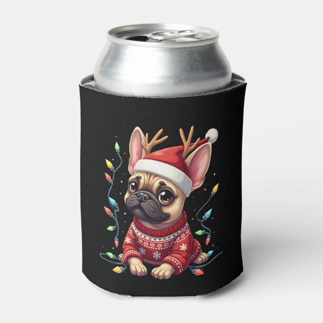 Funny French Bulldog Christmas Light Santa Hat Rei Can Cooler (Can Front)