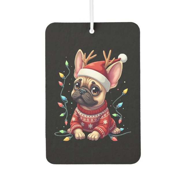 Funny French Bulldog Christmas Light Santa Hat Rei Car Air Freshener (Front)