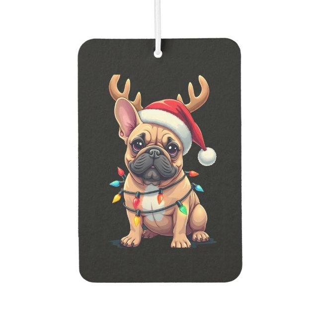 Funny French Bulldog Christmas Light Santa Hat Rei Car Air Freshener (Front)
