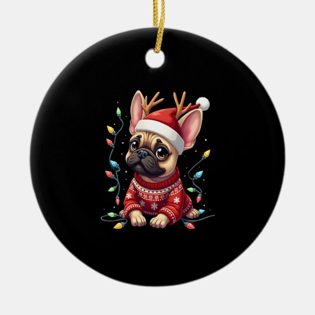 Funny French Bulldog Christmas Light Santa Hat Rei Ceramic Tree Decoration (Front)