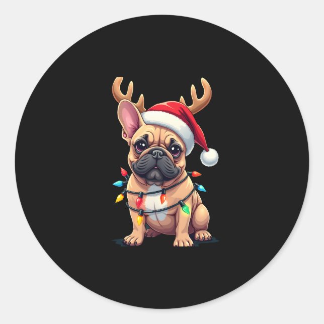 Funny French Bulldog Christmas Light Santa Hat Rei Classic Round Sticker (Front)