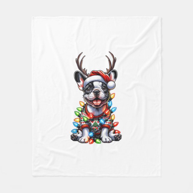 Funny French Bulldog Christmas Light Santa Hat Rei Fleece Blanket (Front)