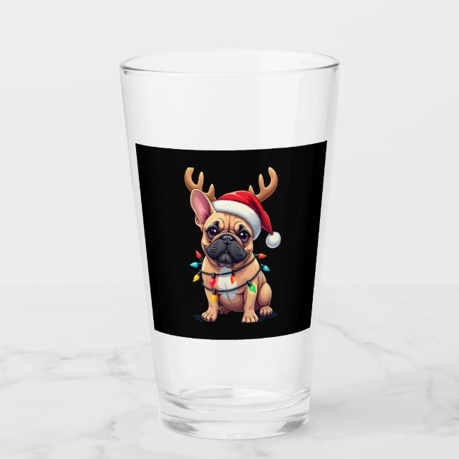 Funny French Bulldog Christmas Light Santa Hat Rei Glass (Front)