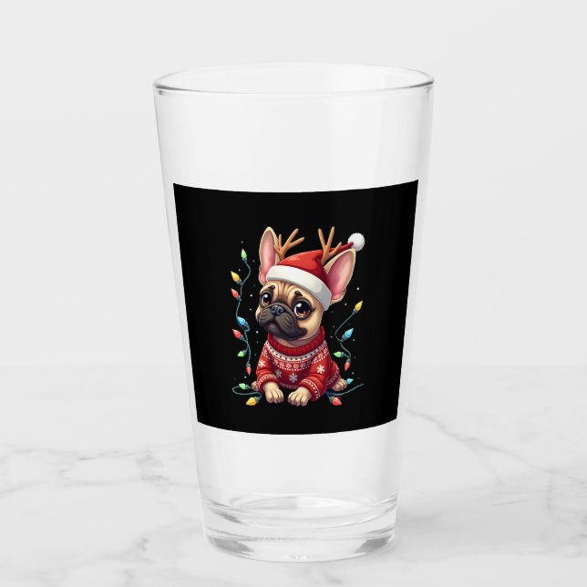 Funny French Bulldog Christmas Light Santa Hat Rei Glass (Front)