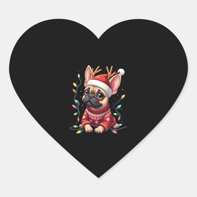 Funny French Bulldog Christmas Light Santa Hat Rei Heart Sticker (Front)