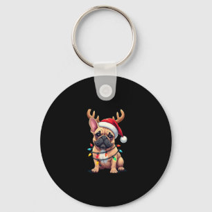 Funny French Bulldog Christmas Light Santa Hat Rei Key Ring