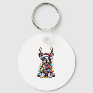 Funny French Bulldog Christmas Light Santa Hat Rei Key Ring