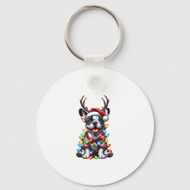 Funny French Bulldog Christmas Light Santa Hat Rei Key Ring (Front)
