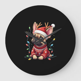 Funny French Bulldog Christmas Light Santa Hat Rei Large Clock