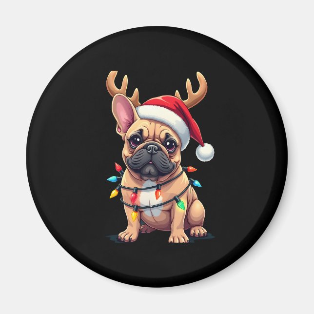 Funny French Bulldog Christmas Light Santa Hat Rei Magnet (Front)