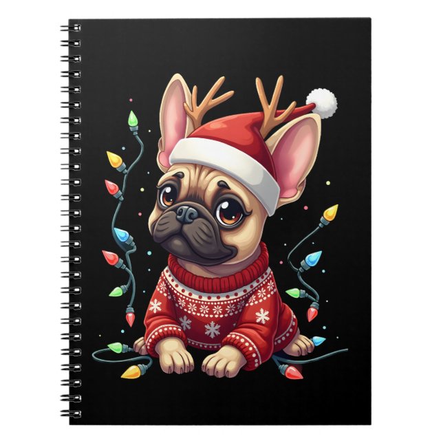 Funny French Bulldog Christmas Light Santa Hat Rei Notebook (Front)