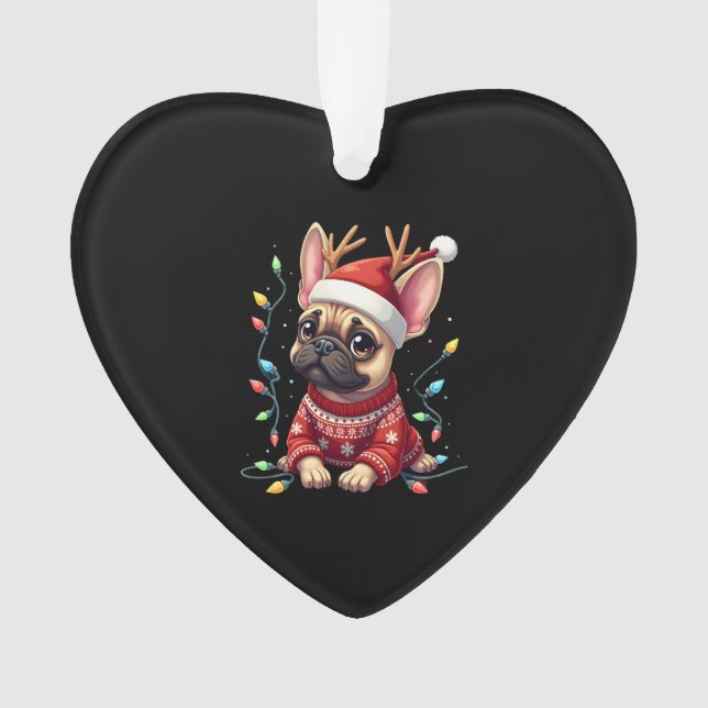 Funny French Bulldog Christmas Light Santa Hat Rei Ornament (Front)