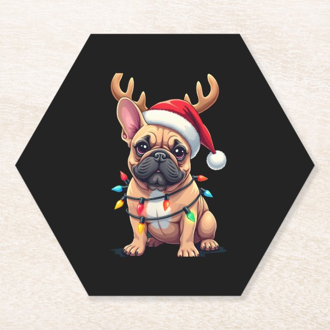 Funny French Bulldog Christmas Light Santa Hat Rei Paper Coaster (Front)